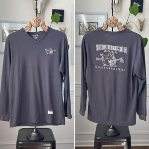 True Religion Grey Slim Fit Buddy Logo Vneck Long Sleeve Tshirt 2XL